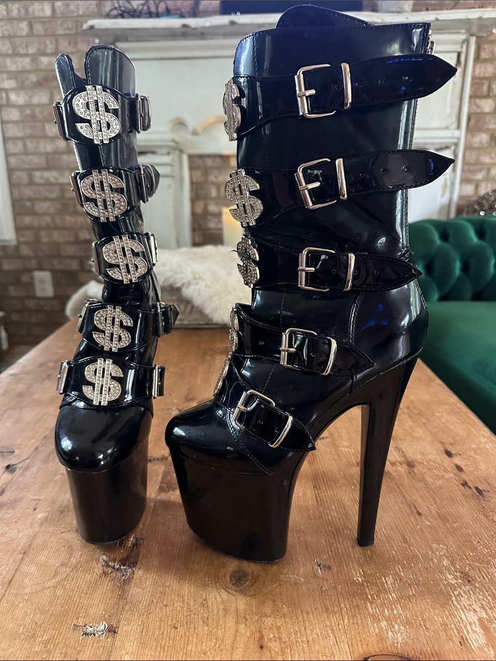 DOLLS KILL HUSTLER XTRA BY YRU DOLLAR SIGN STILETTO PLATFORM BOOTS BLACK 7